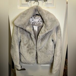 Windsor Faux Fur Nude Tan Cropped Soft Plush Bomber Moto Glam Party Jacket Sz S